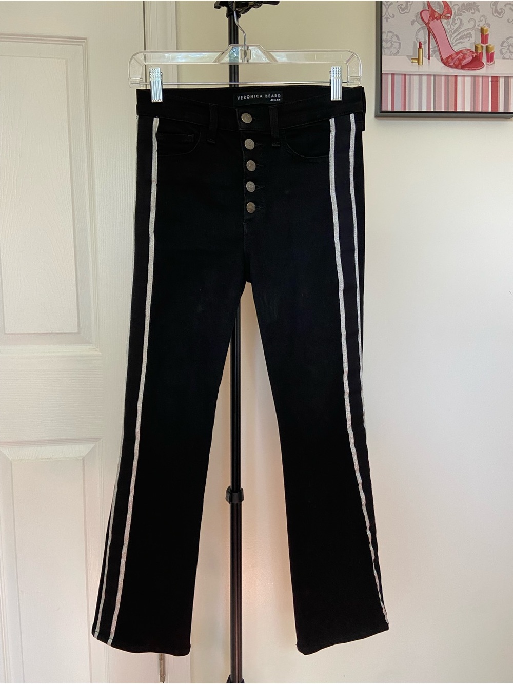 Veronica Beard Black Flare Jeans with White Side Stripes